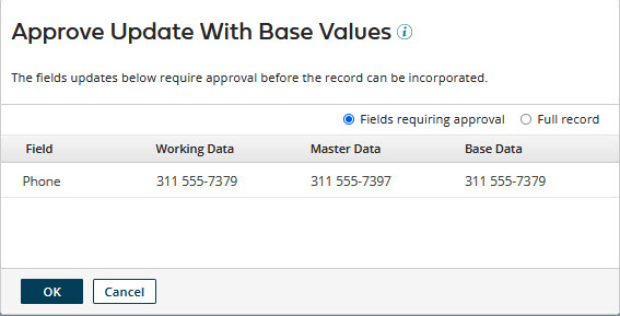Approve Update With Base Values dialog