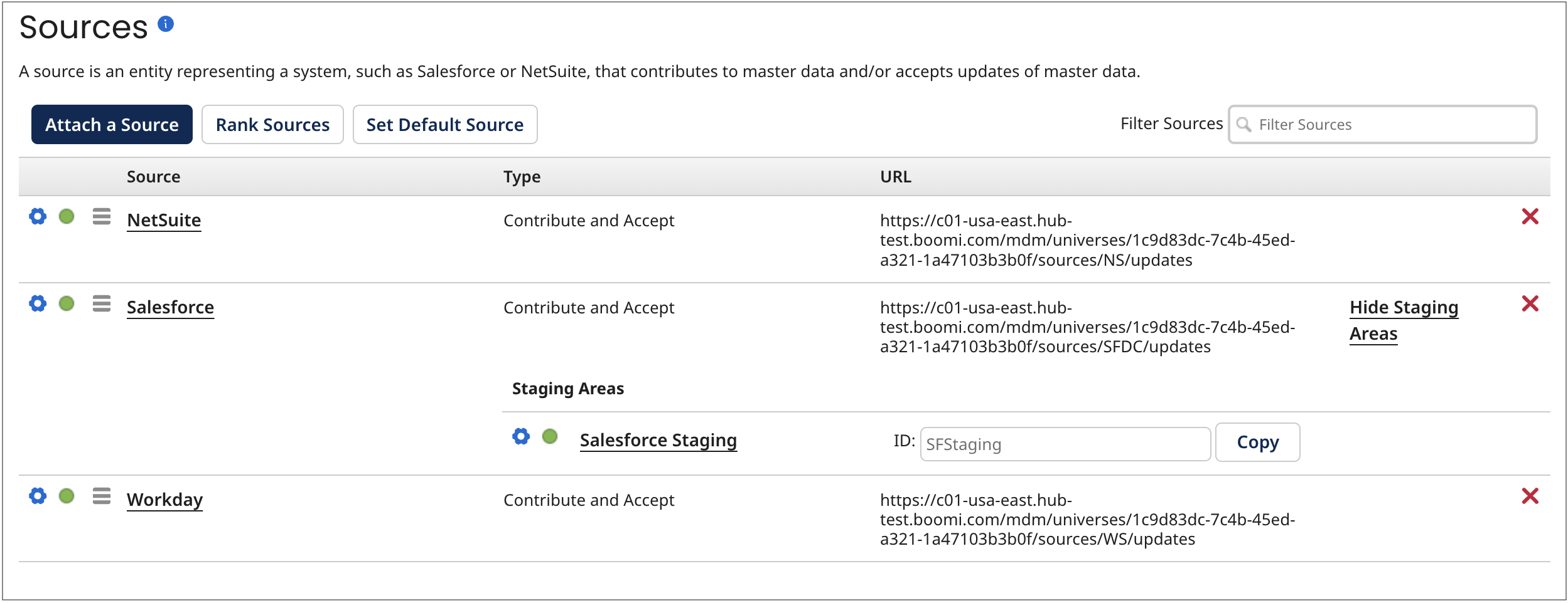 This example of the Sources tab for a repository shows that the selected domain has the attached sources NetSuite, Salesforce, and Workday.