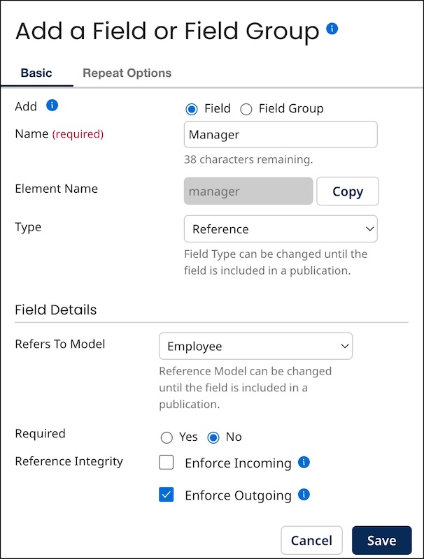 Adding a reference field to represent relationships between employees and their managers