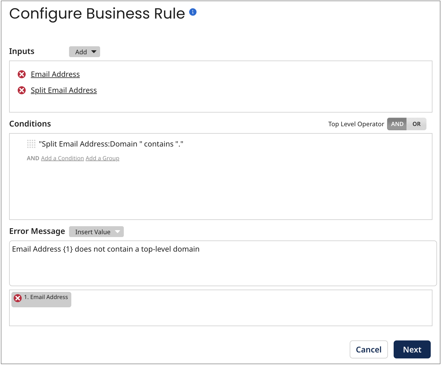 Using the Configure Business Rule dialog to configure a business rule for testing Email Address field values in contributed entities for the presence of a top-level domain