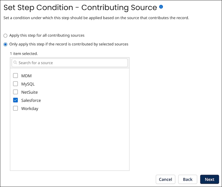 Set Step Condition - Contributing Source screen of the Data Quality Step wizard