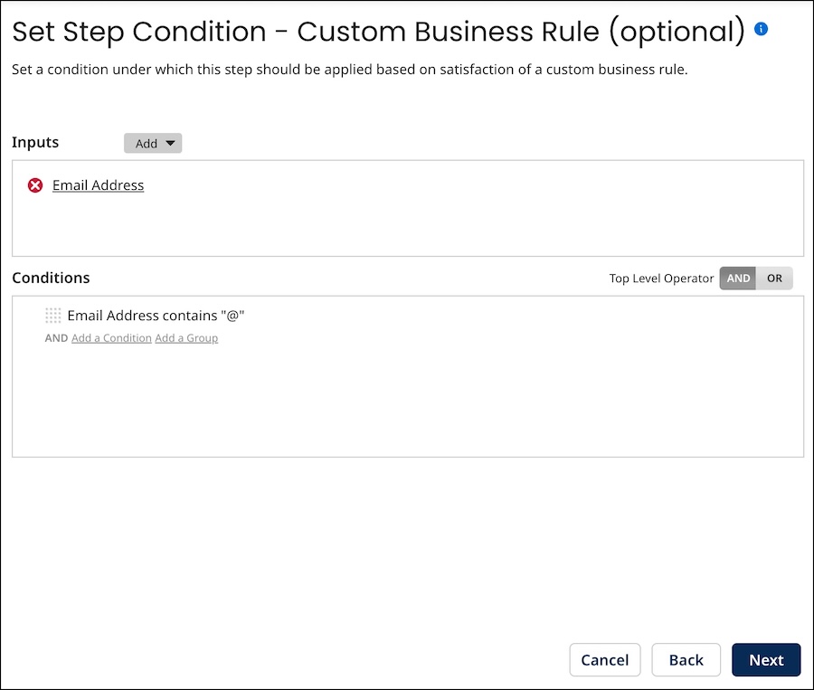 Set Step Conditions - Custom Business Rule screen of the Data Quality Step wizard