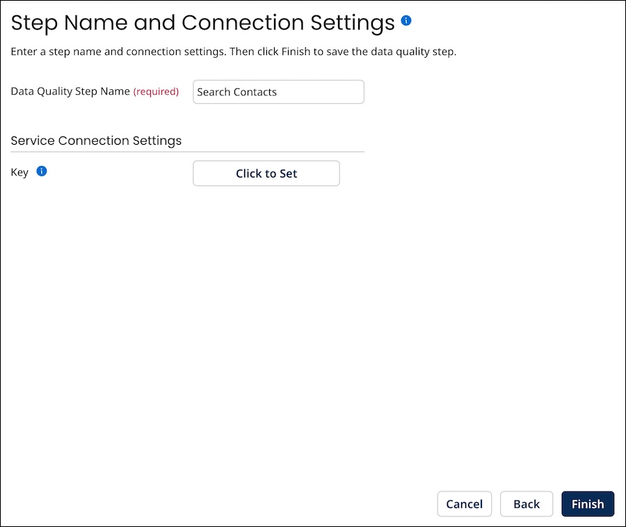 Step Name and Connection Settings screen of the Data Quality Step wizard