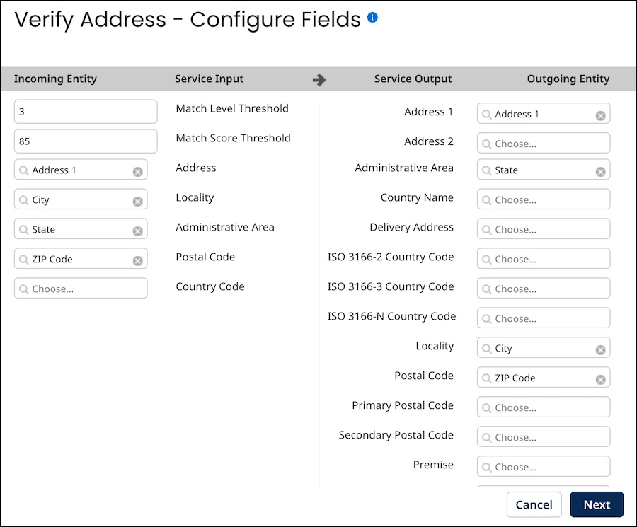 Defining the correspondence between fields in the model and contact object properties supported by the data quality service