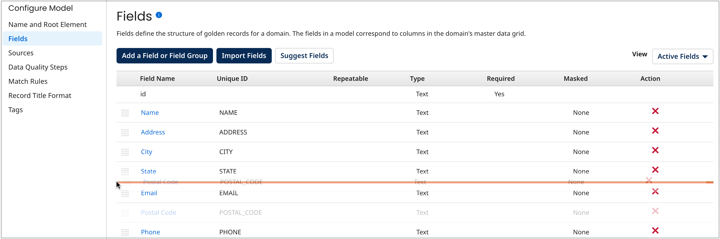 Dropping the field Postal Code immediately below the field State.