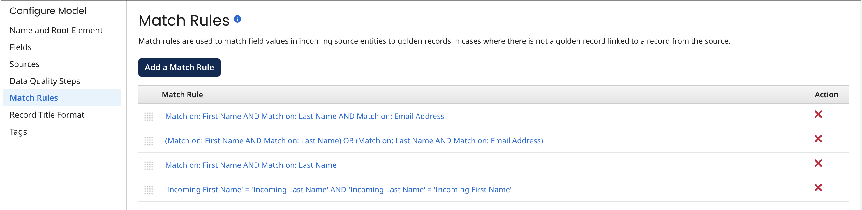 This example of the Match Rules tab for a model lists the model’s four match rules.