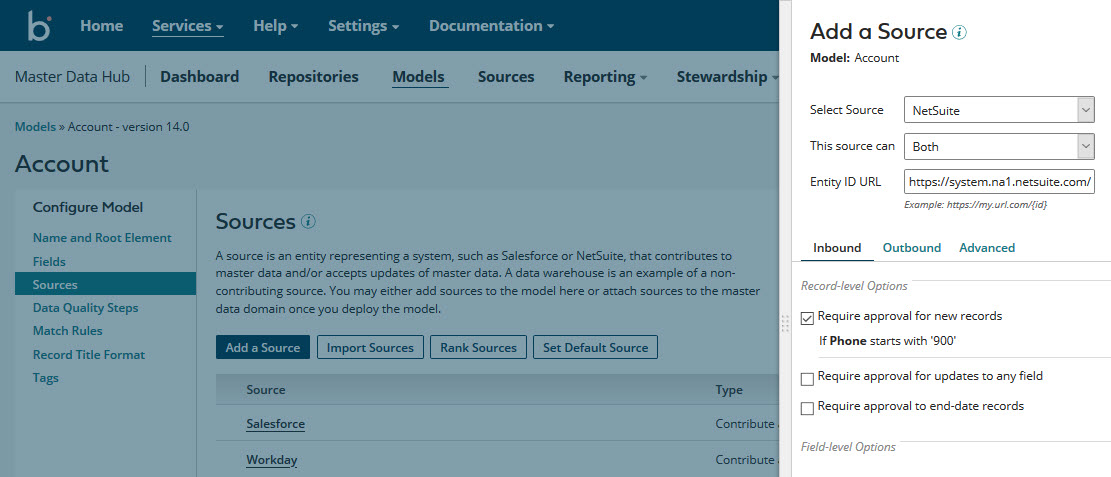 Using the Sources tab in the model page to add NetSuite as the third source for the model Account