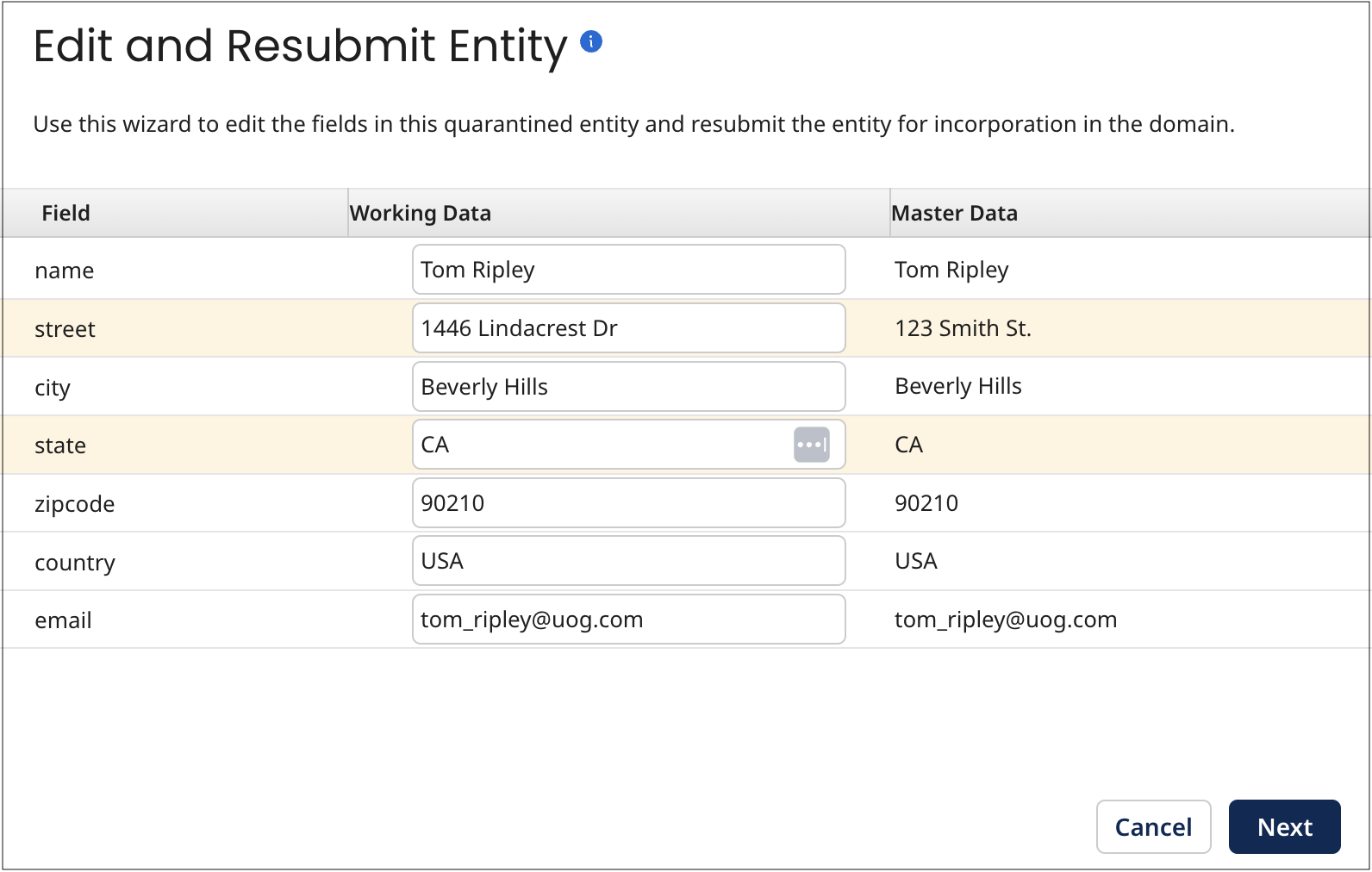 Edit and Resubmit Entity wizard’s initial screen
