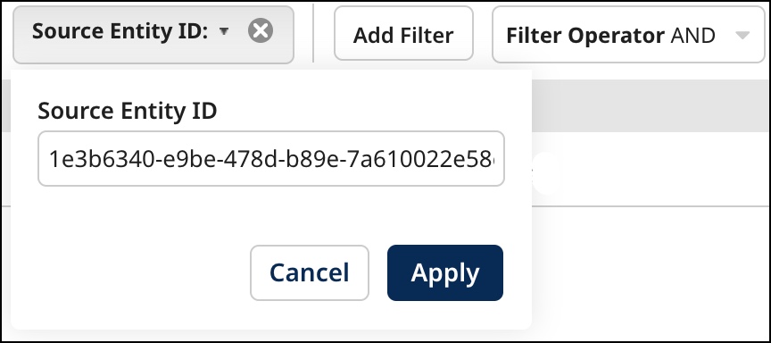 Dialog used to filter the quarantine entries list by source entity ID
