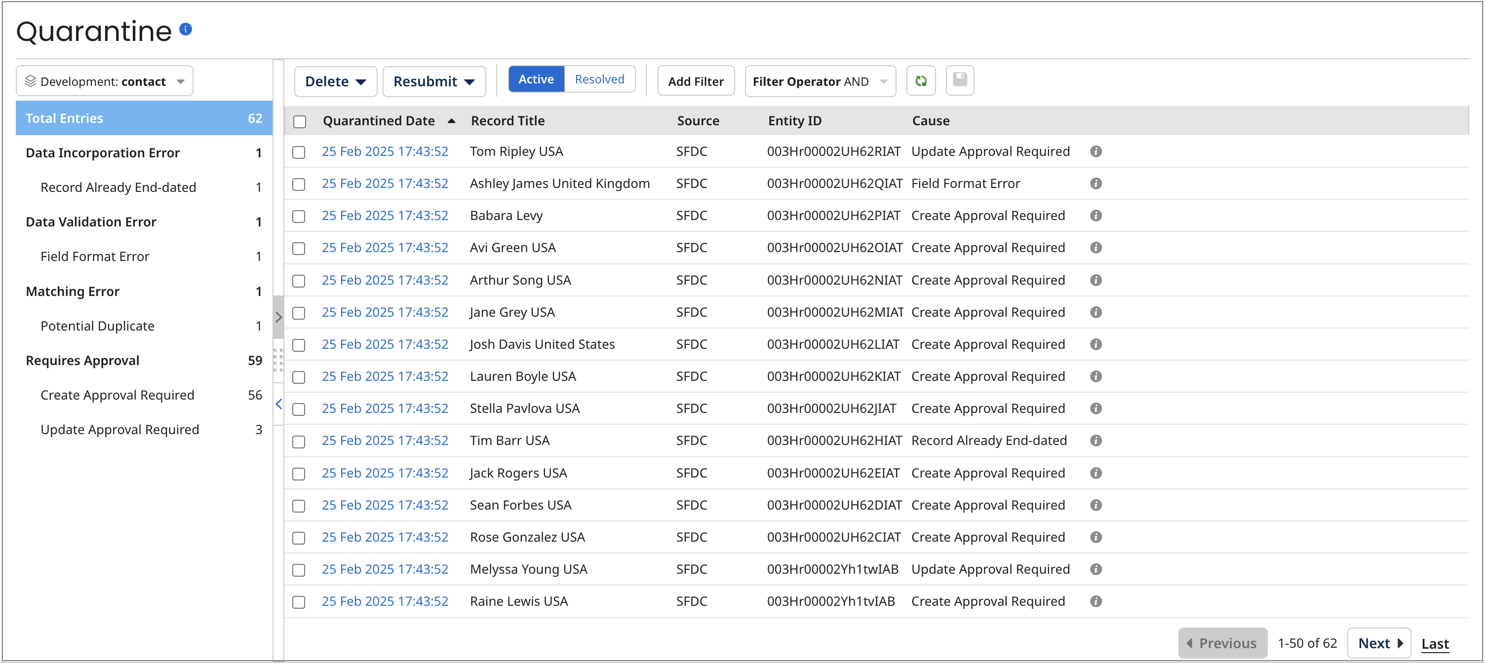 A filtered list of quarantine entries for a domain, as shown in the Quarantine page.