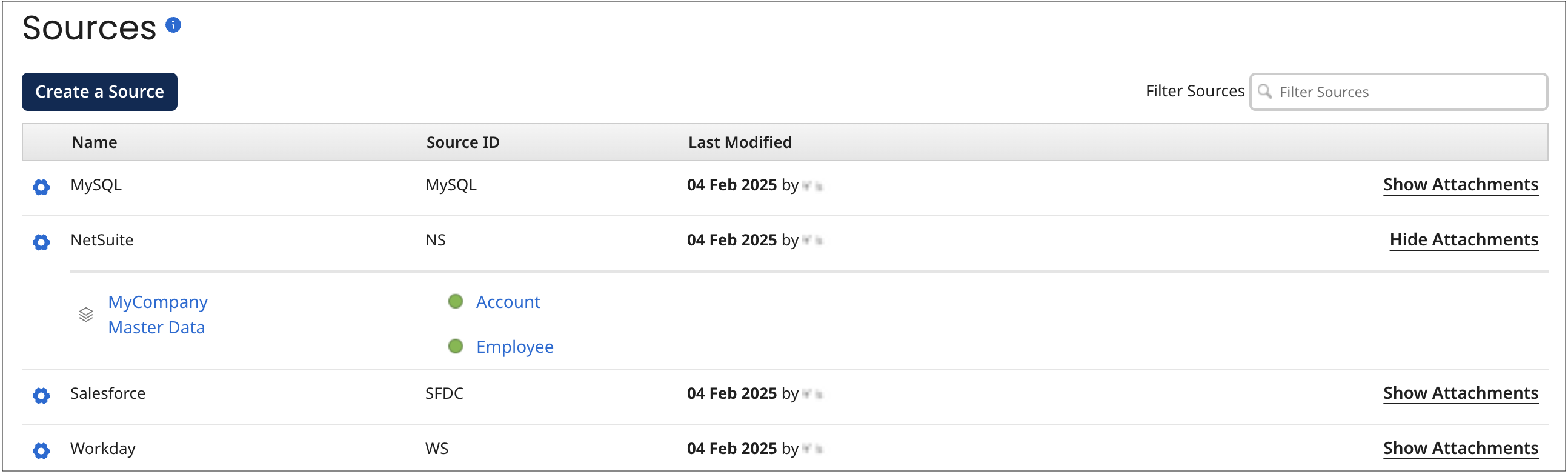 The Sources page shown here lists the sources in this account: NetSuite, Salesforce, and Workday.
