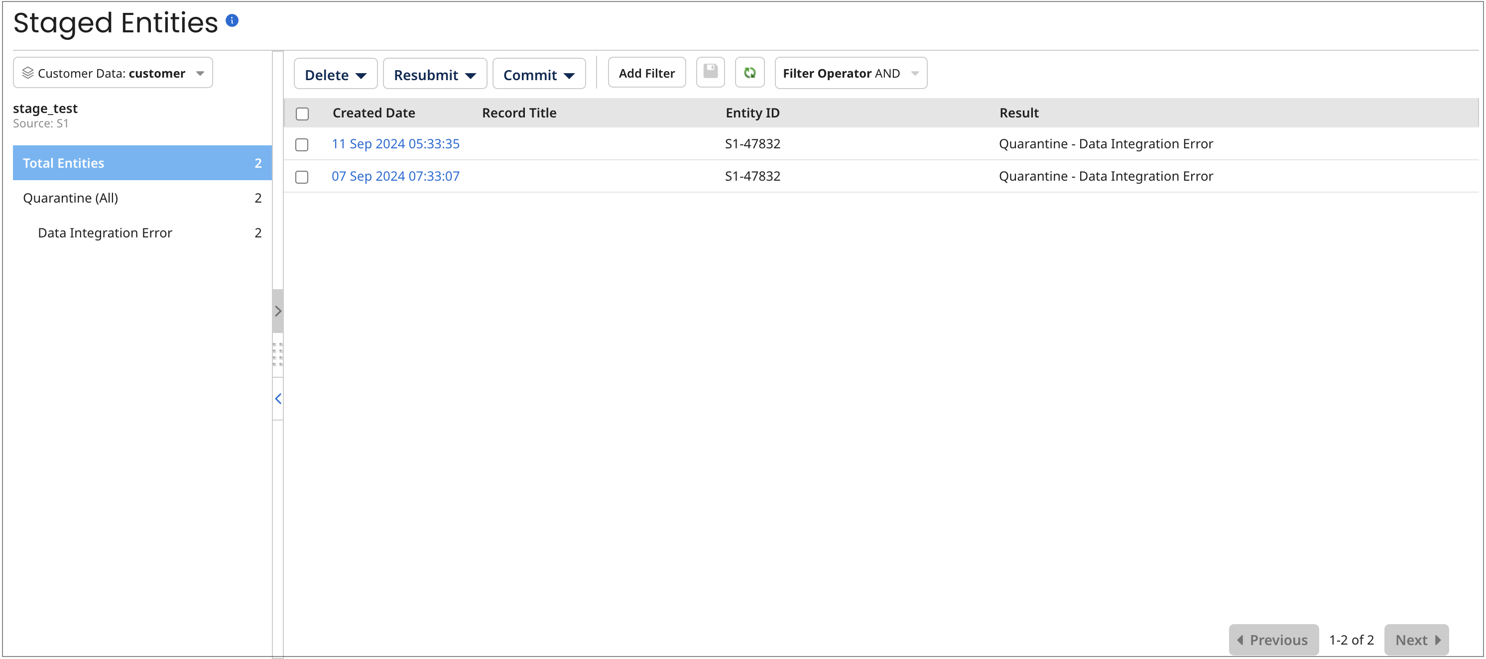 staged entities screen showing two filtered staged entities