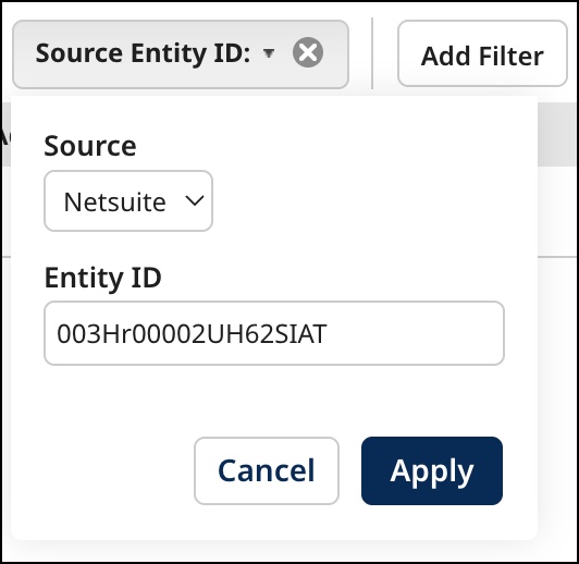 Dialog used to filter golden records by source entity ID