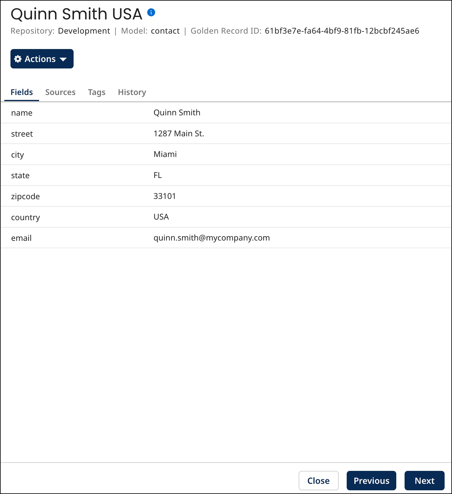Golden record details view
