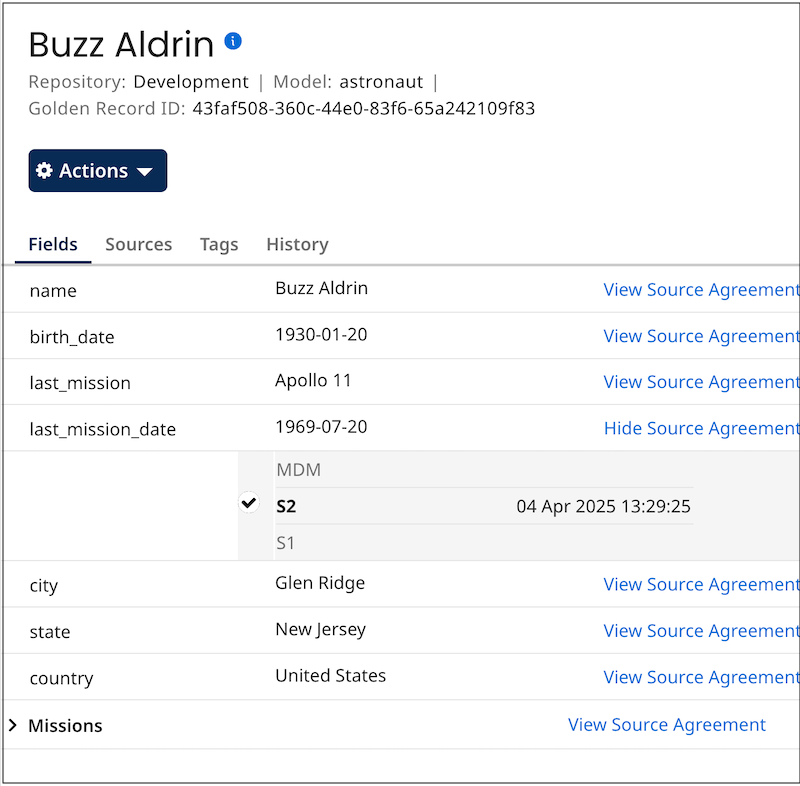 Source agreements for a field for which sources are ranked