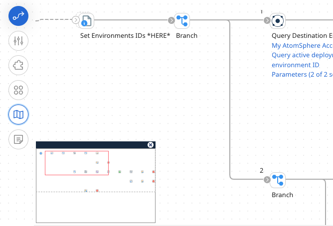 The navigation palette, if opened, lies on top of the steps on the process canvas.