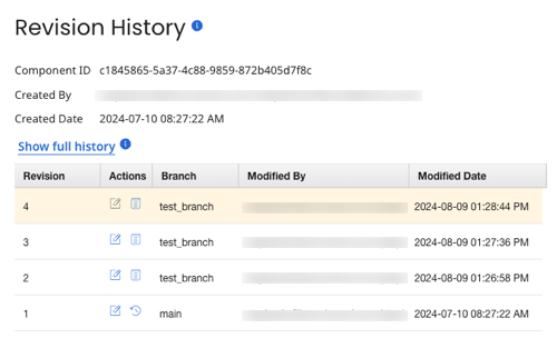 Component revision history showing the branches on which changes were made