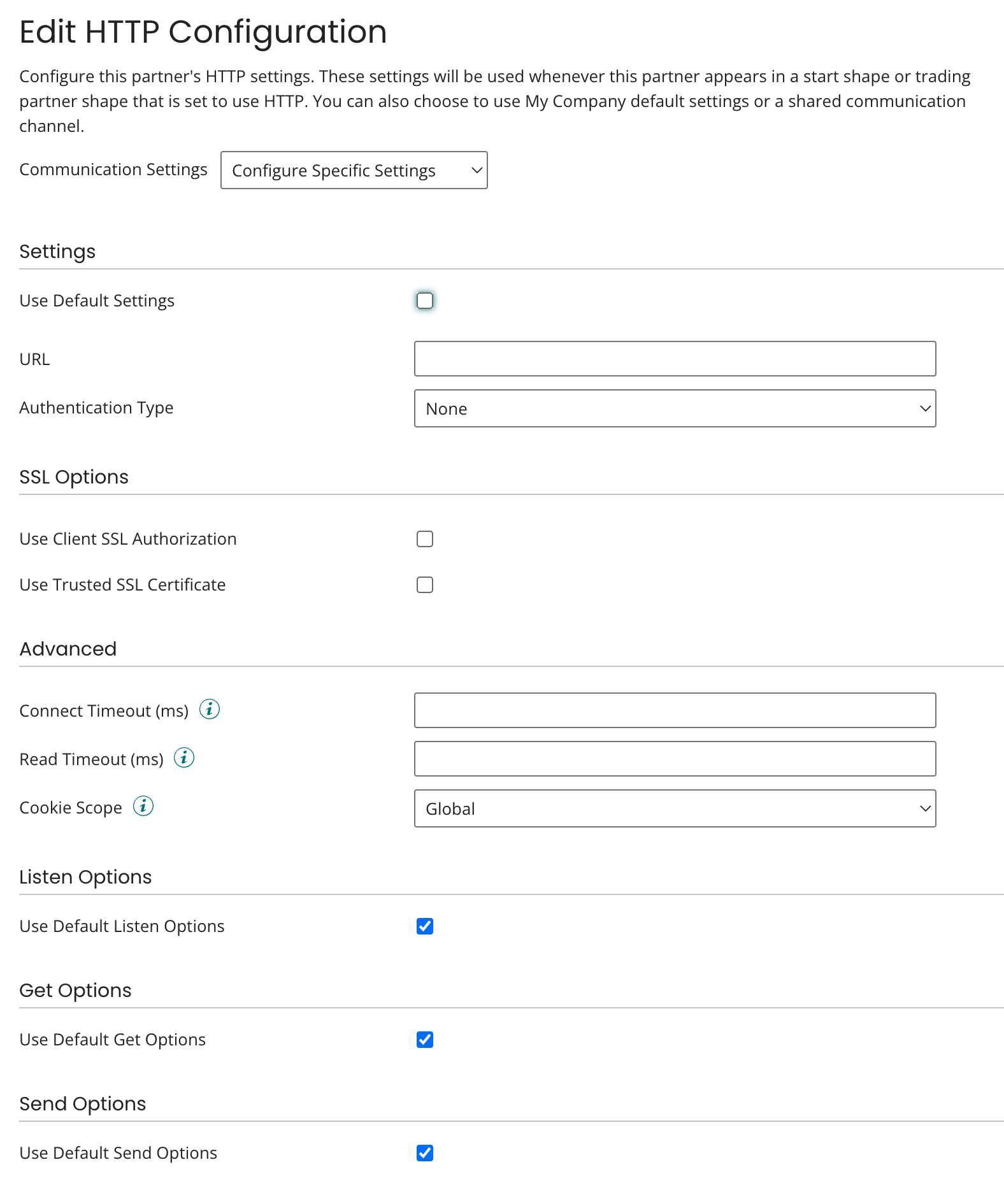 Trading Partner Communication tab, HTTP configuration.
