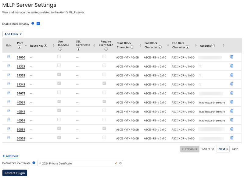 The MLLP Server Settings panel