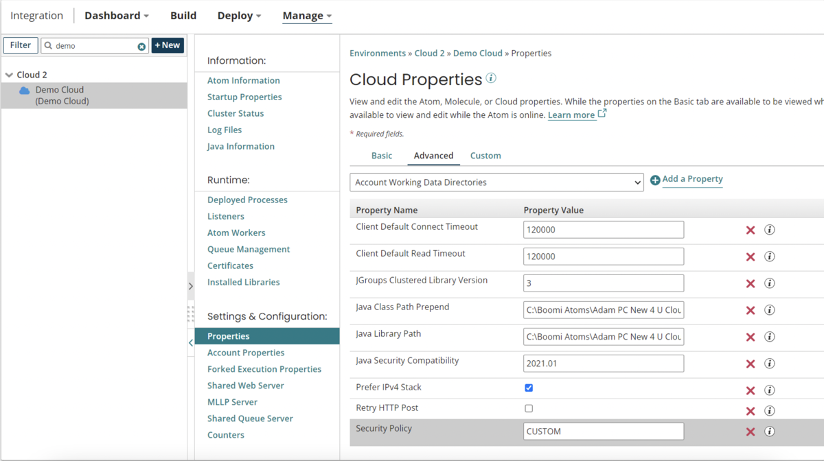 The conKeyRefs.RuntimeManagement Properties panel, Advanced tab showing the Security Policy property set to CUSTOM.