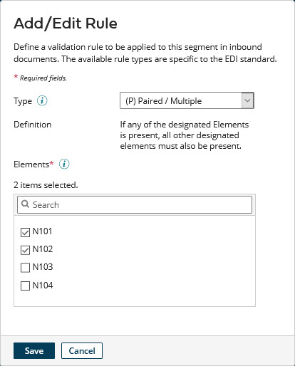 Add/Edit Rule dialog showing the definition of a rule of X12 type (P) Paired / Multiple