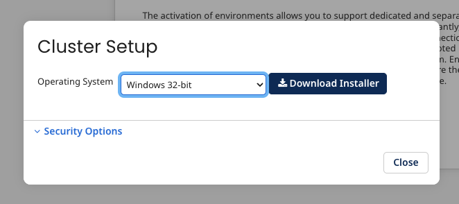 conKeyRefs.UC_Cluster Setup dialog box where you can choose an operating system and security options and download the conKeyRefs.RuntimeCluster installation file.