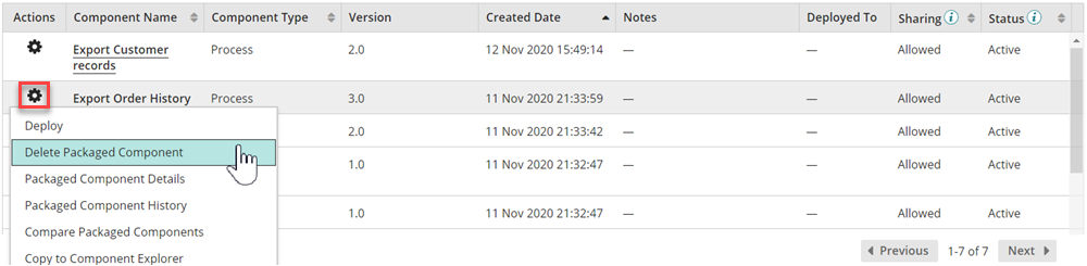 Cursor selects the Delete Packaged Component option from the Action menu.