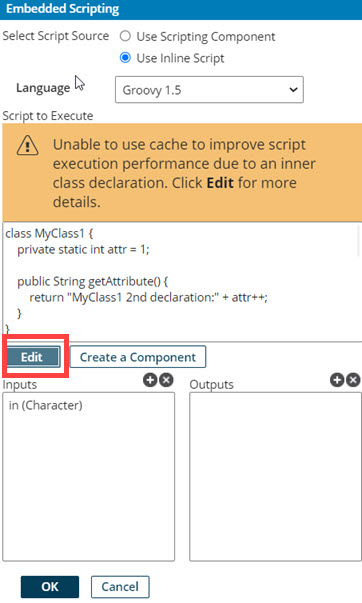 Embedded Scripting dialog with yellow upgrade warning.