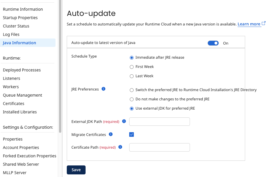 The Auto-update settings to set a schedule to automatically update a runtime when a new version of Java is available. Select the schedule type, the date, time, and timezone for the update, whether to migrate certificates, and the JRE preferences.