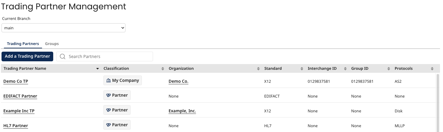 Trading Partner Management window