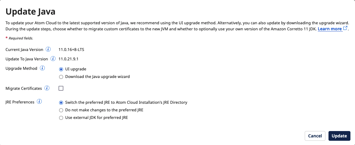 The Update Java dialog box with options for the upgrade method, migrate ...