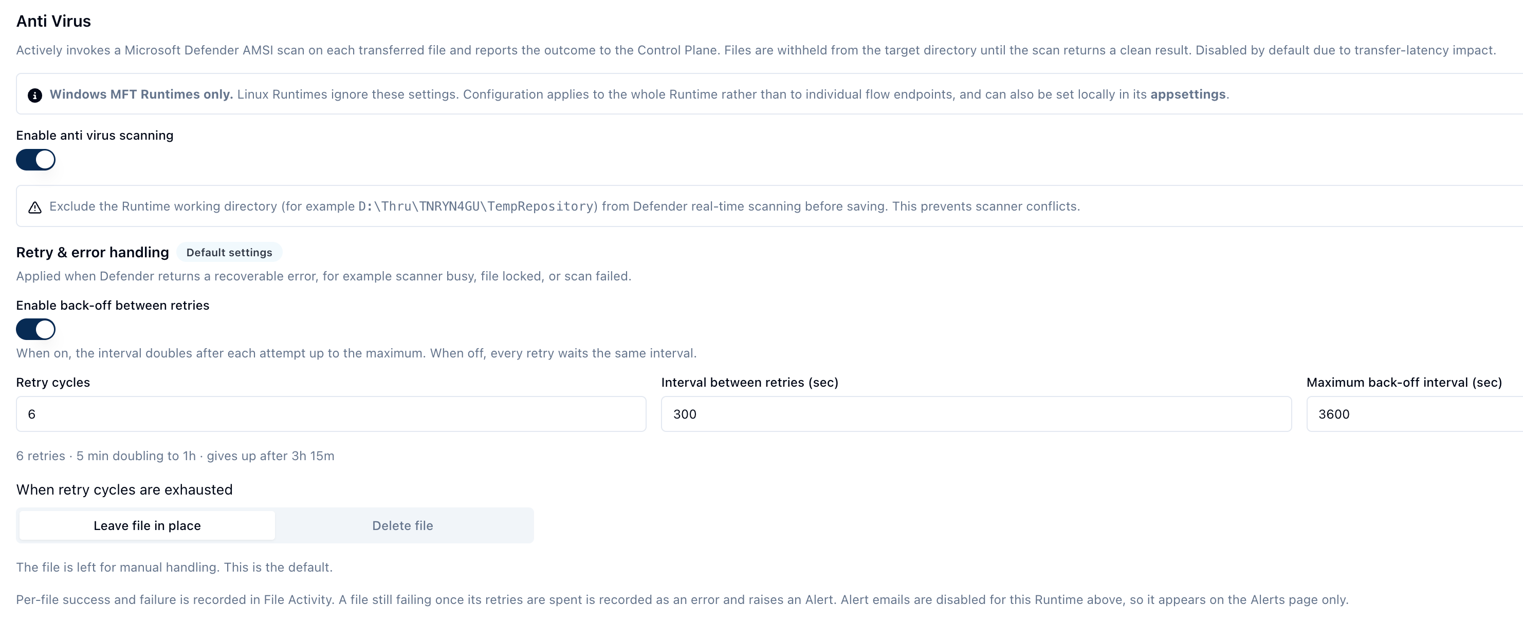 the antivirus settings for MFT node