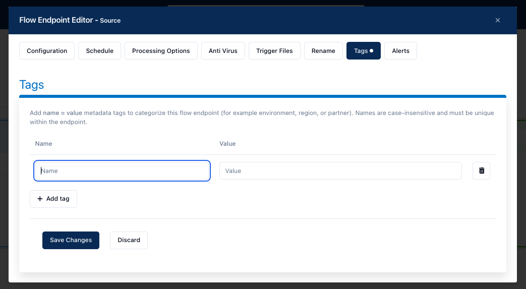 the tags tab, showing fields for name and value that you can add to an endpoint