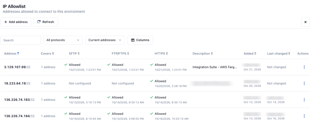 the MFT ip allowlist management page
