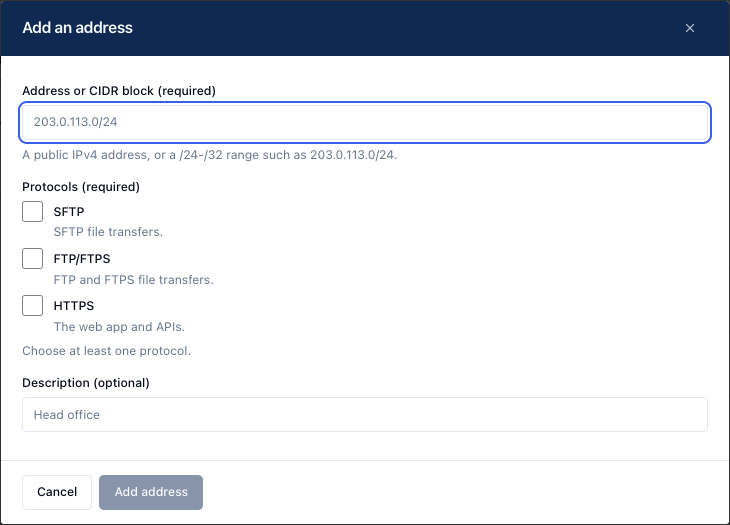 the add an address dialog, showing IP address, allowed protocols, and an optional description field