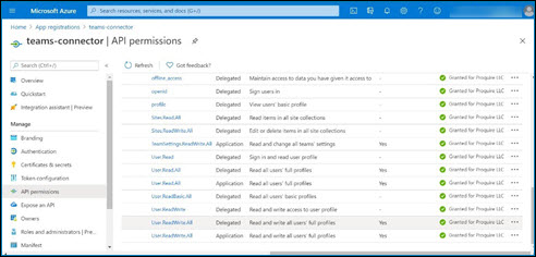 Azure portal API permissions.