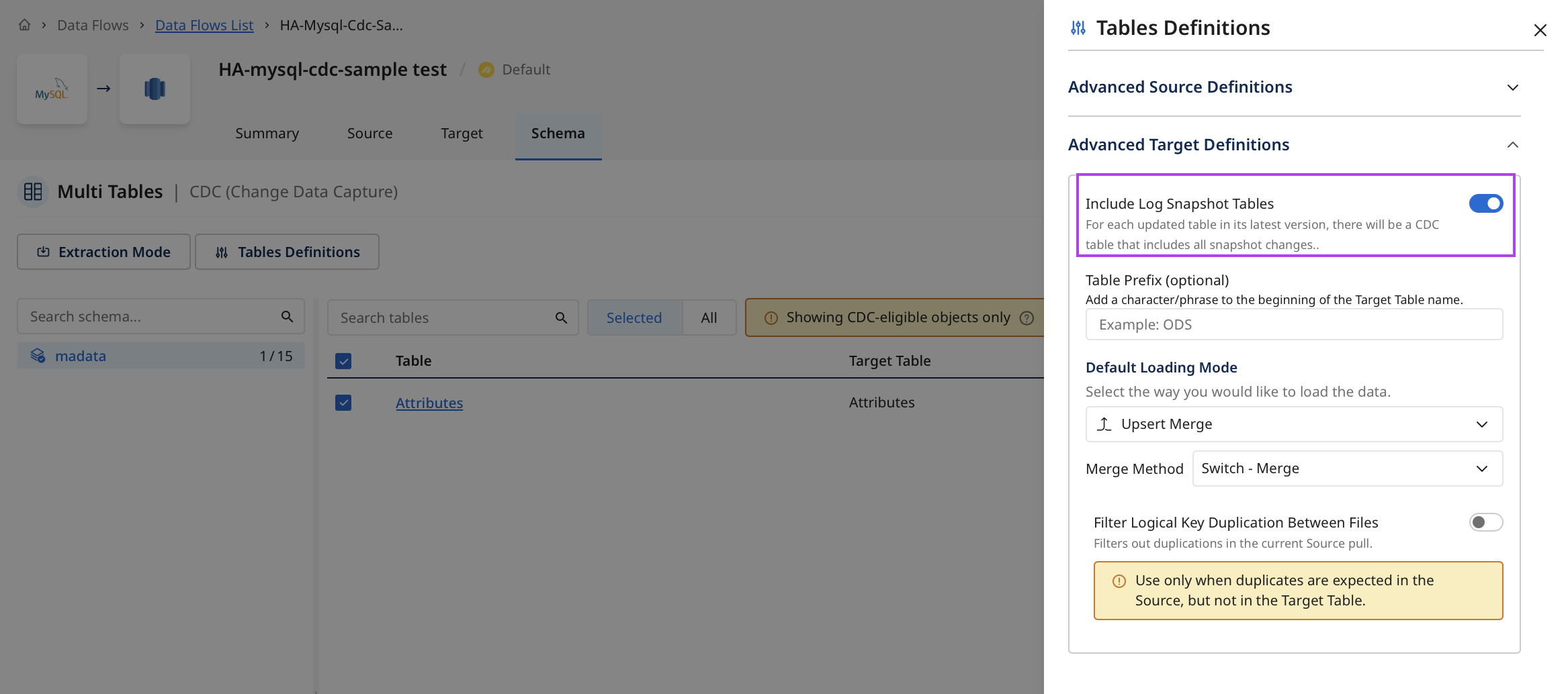 Tables Definitions panel showing Advanced Source Definitions and Advanced Target Definitions