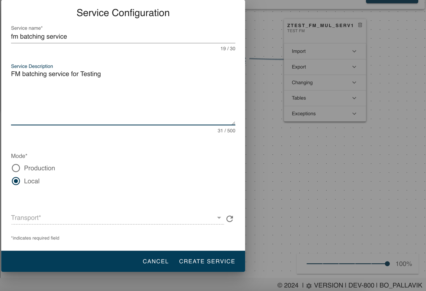 Service Configuration screen
