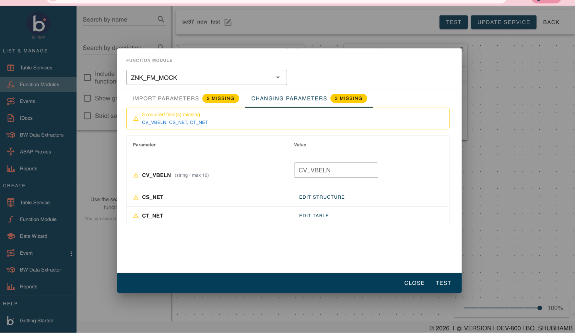 Import Parameters tab showing missing required fields