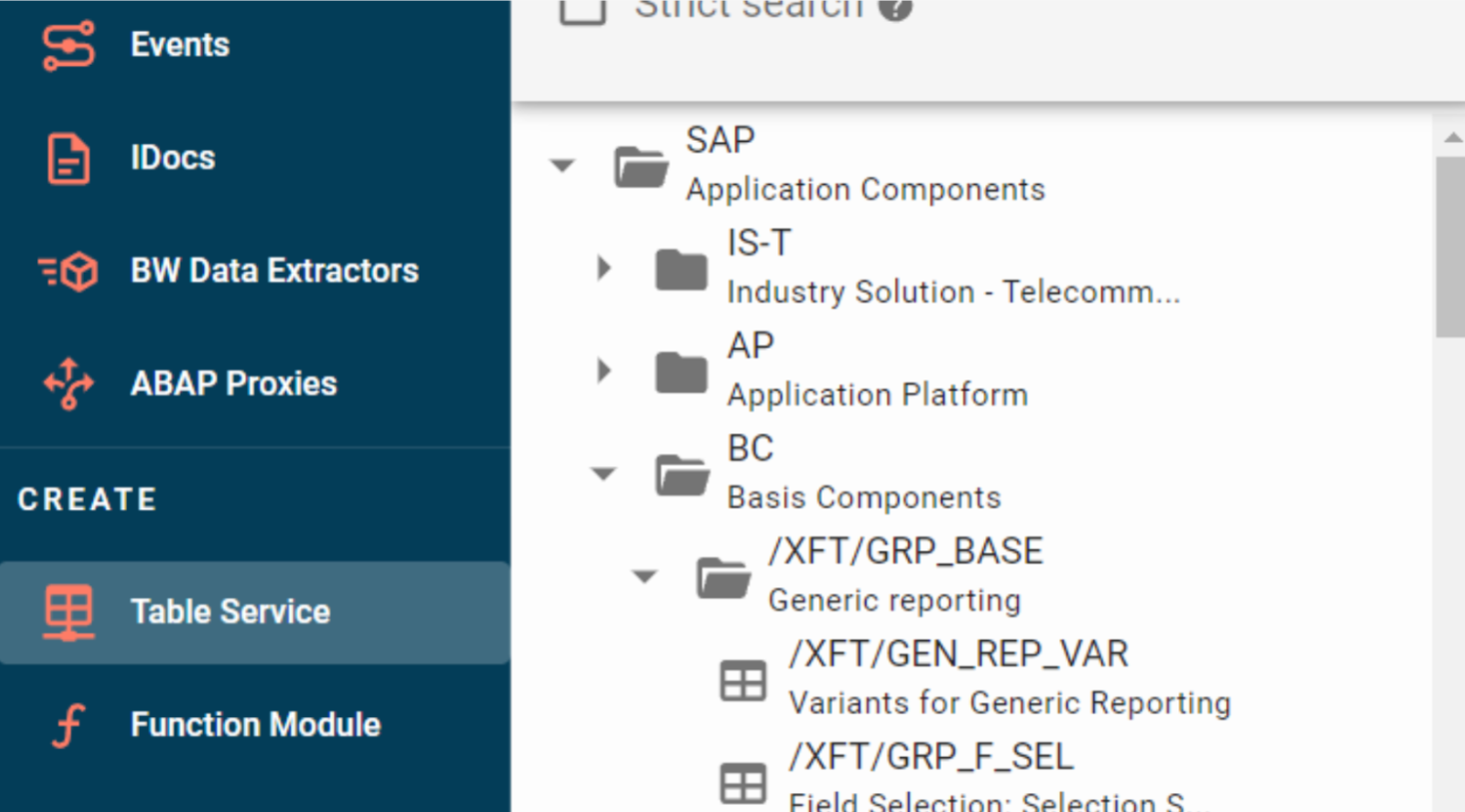 Table Services tree structure example