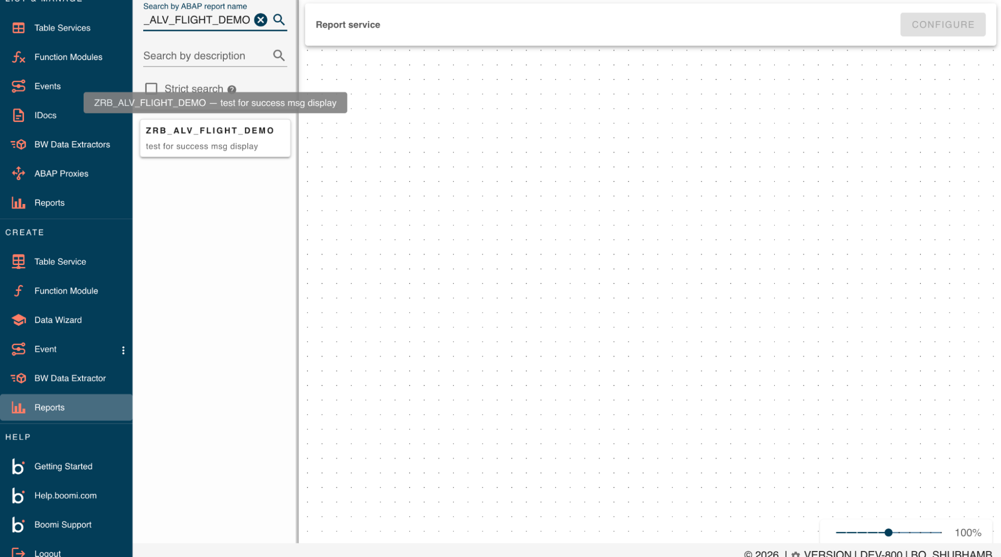 Searching for a report by name, with a description tooltip shown on hover