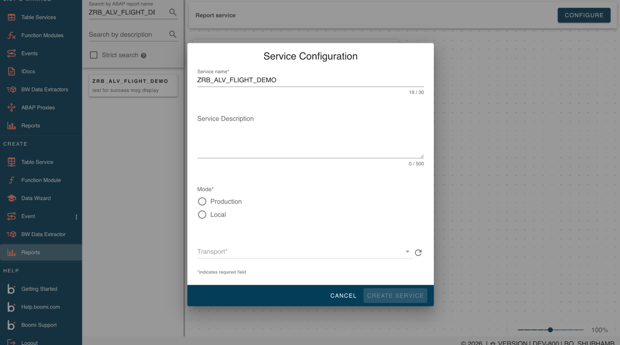 Service Configuration dialog for a report service