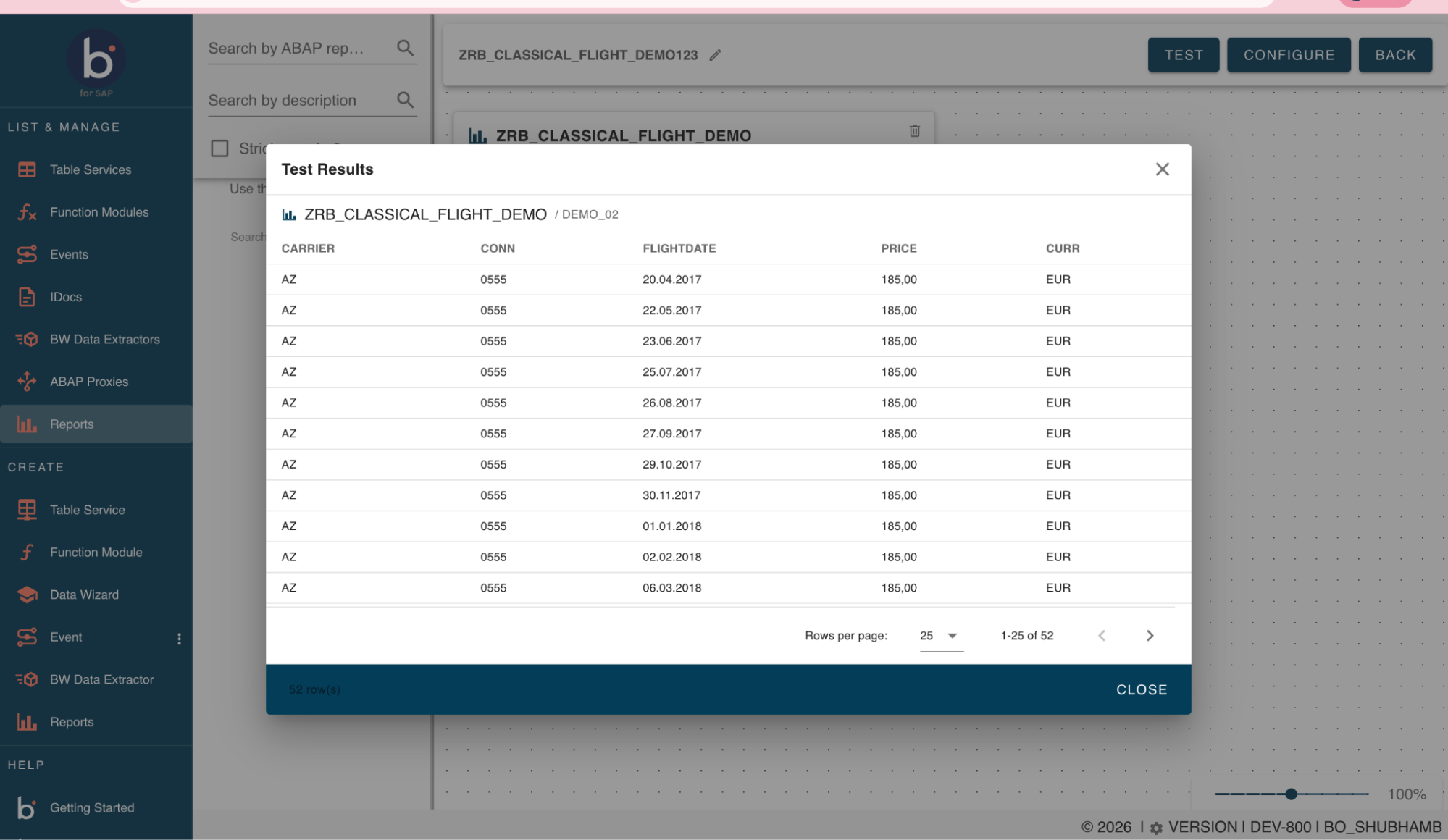Test results modal showing a structured, paginated table