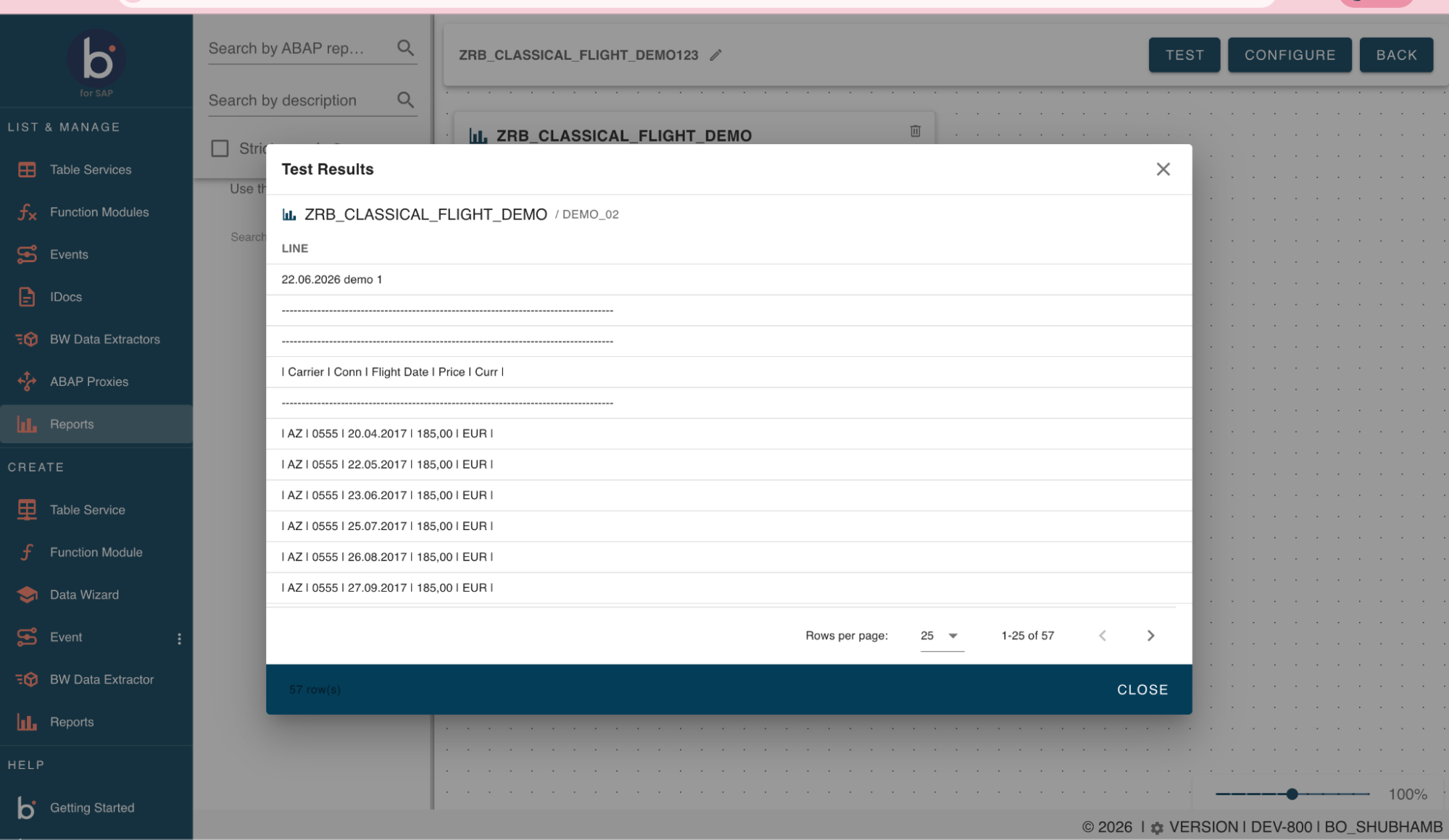 Test results rendered as raw text lines under a single LINE column