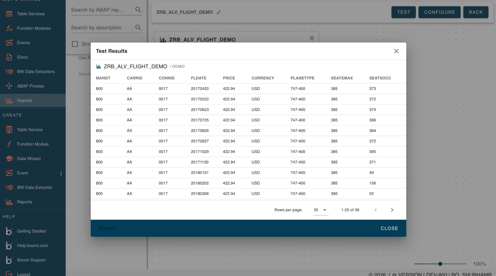 Test results with output parsed into structured columns