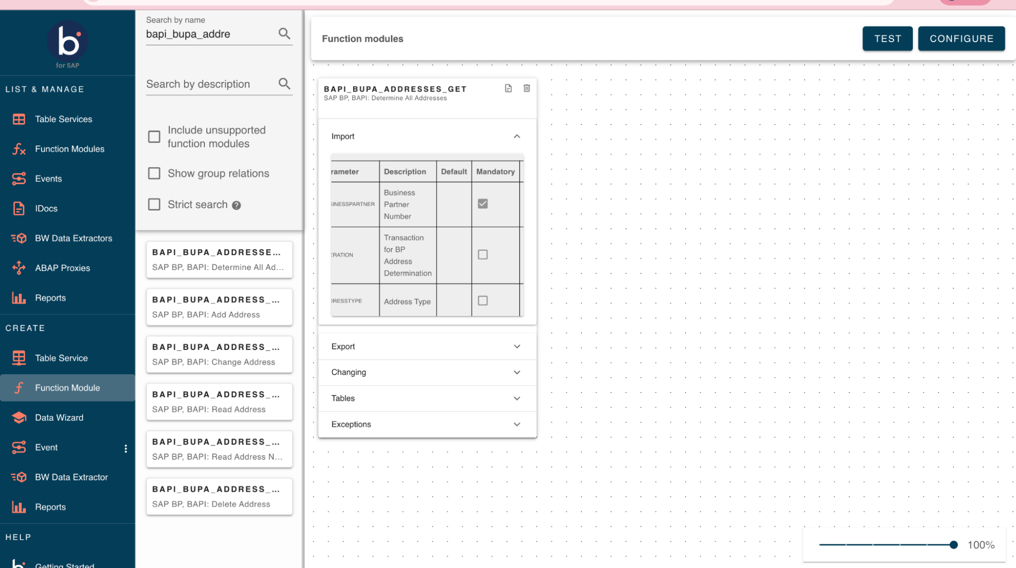 Function Module parameters including type and default values