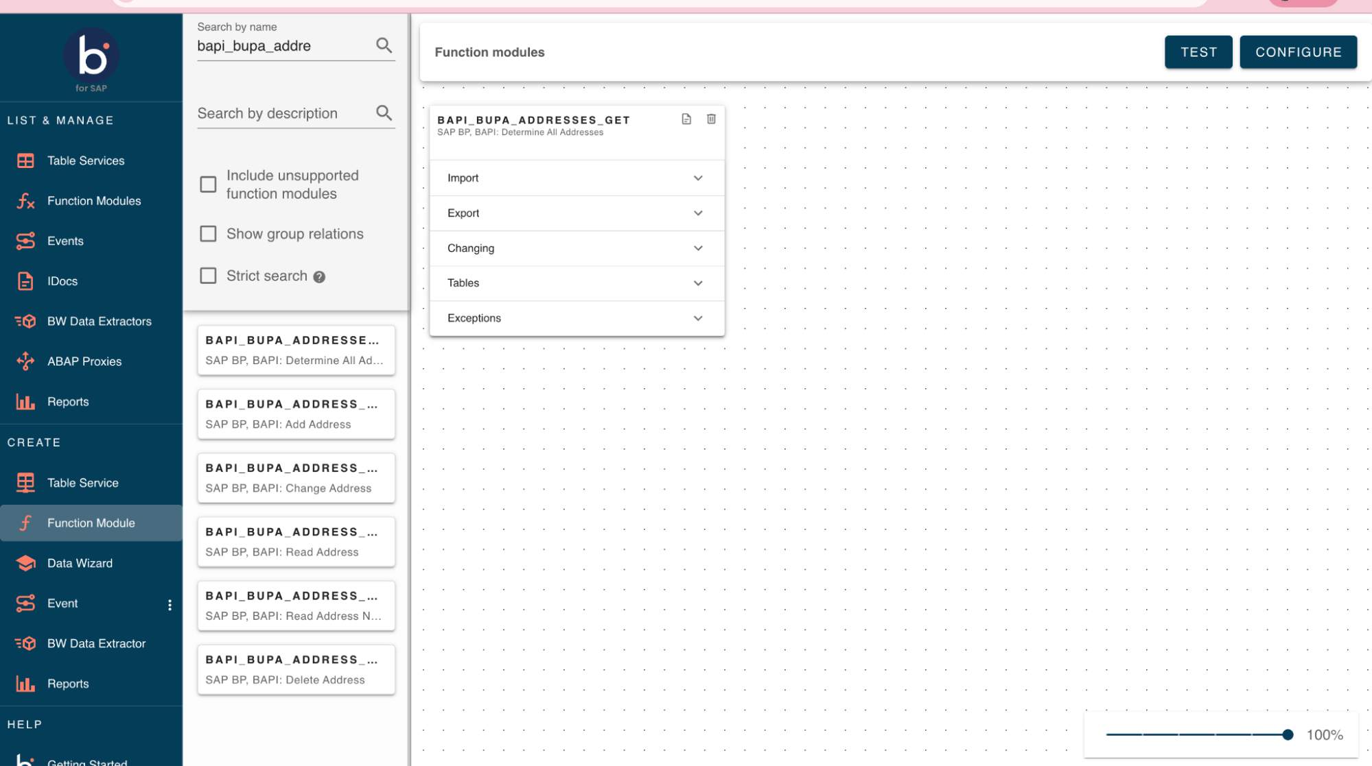 Function Module dragged onto canvas for service creation