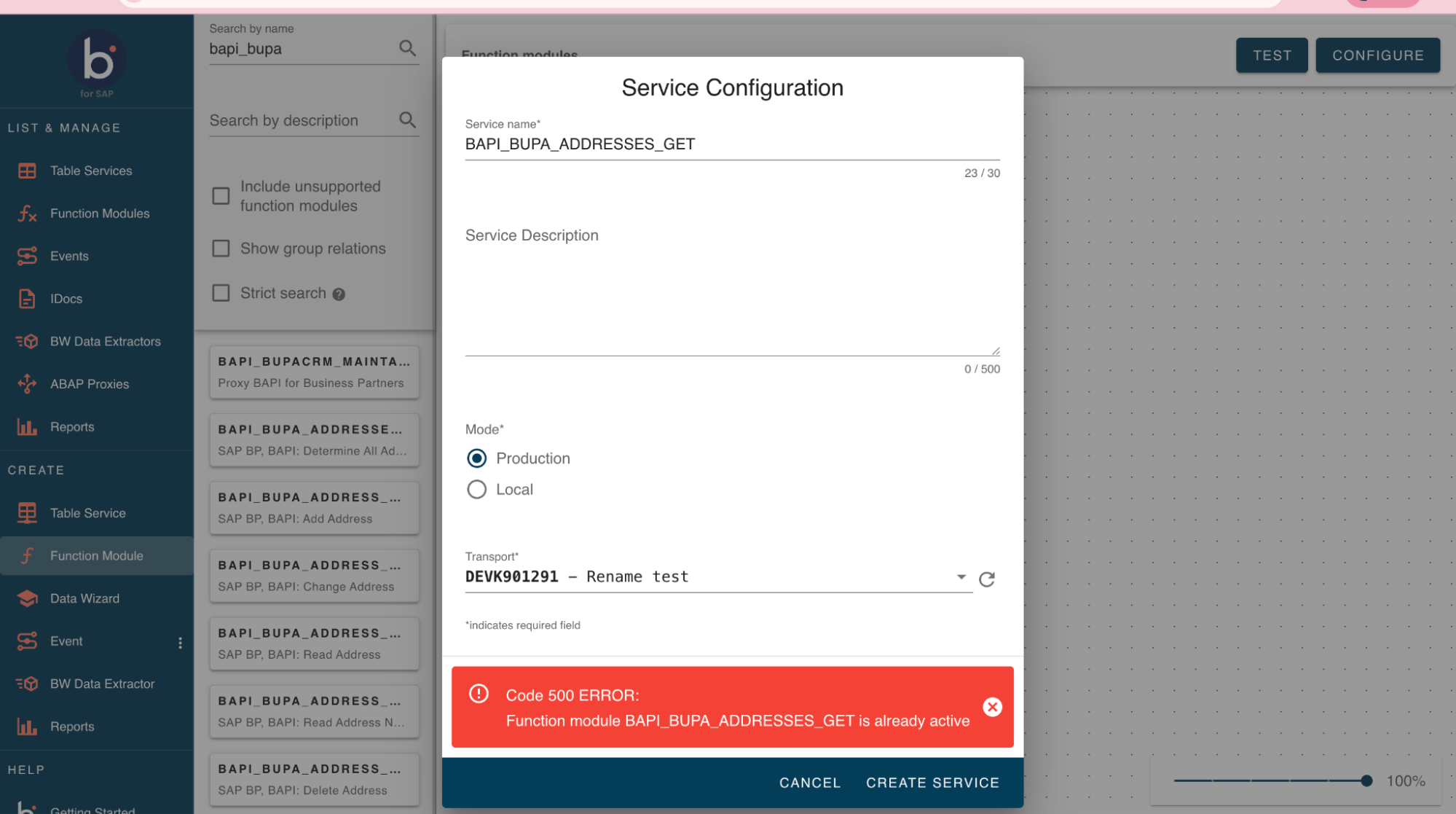 Create Service button after filling required fields