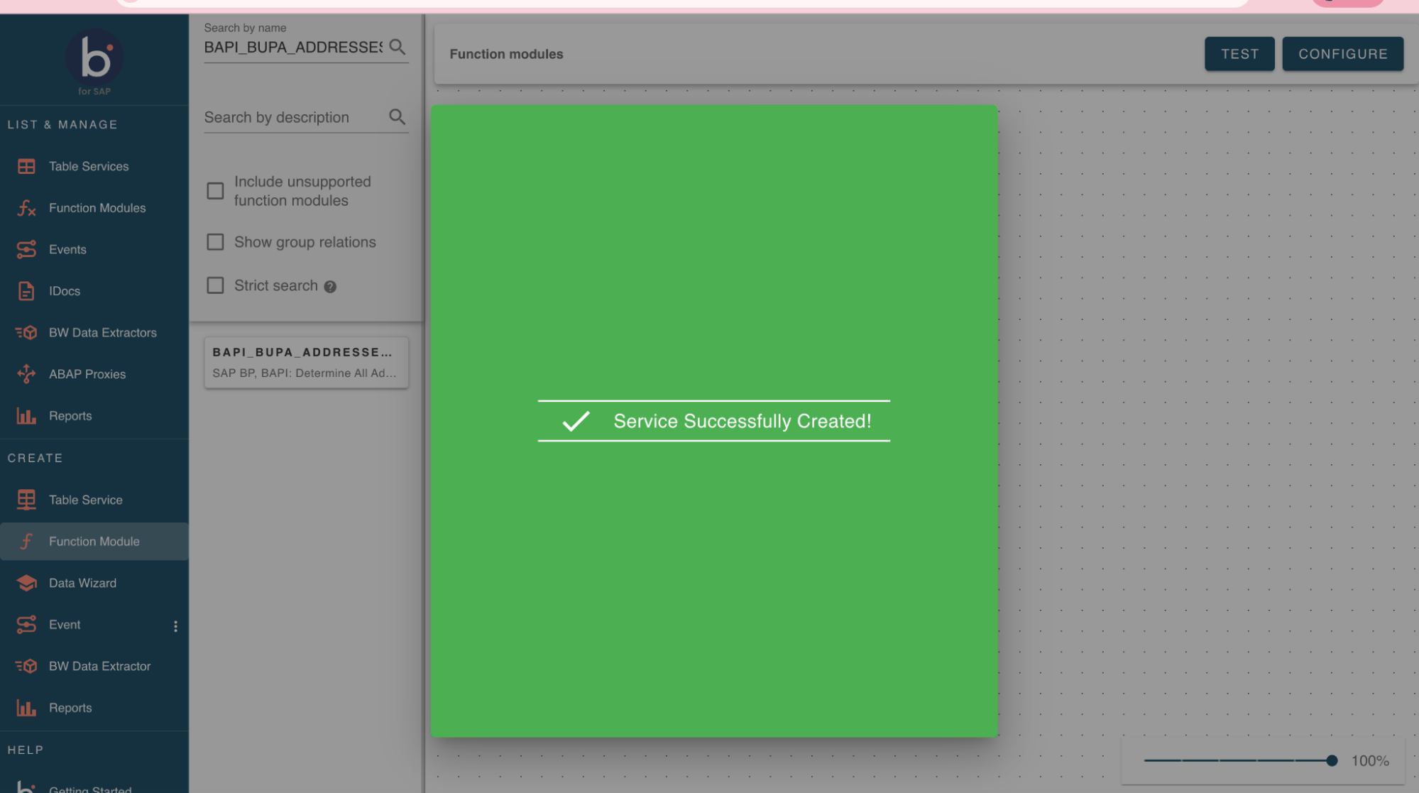 Successful service creation confirmation pop-up window