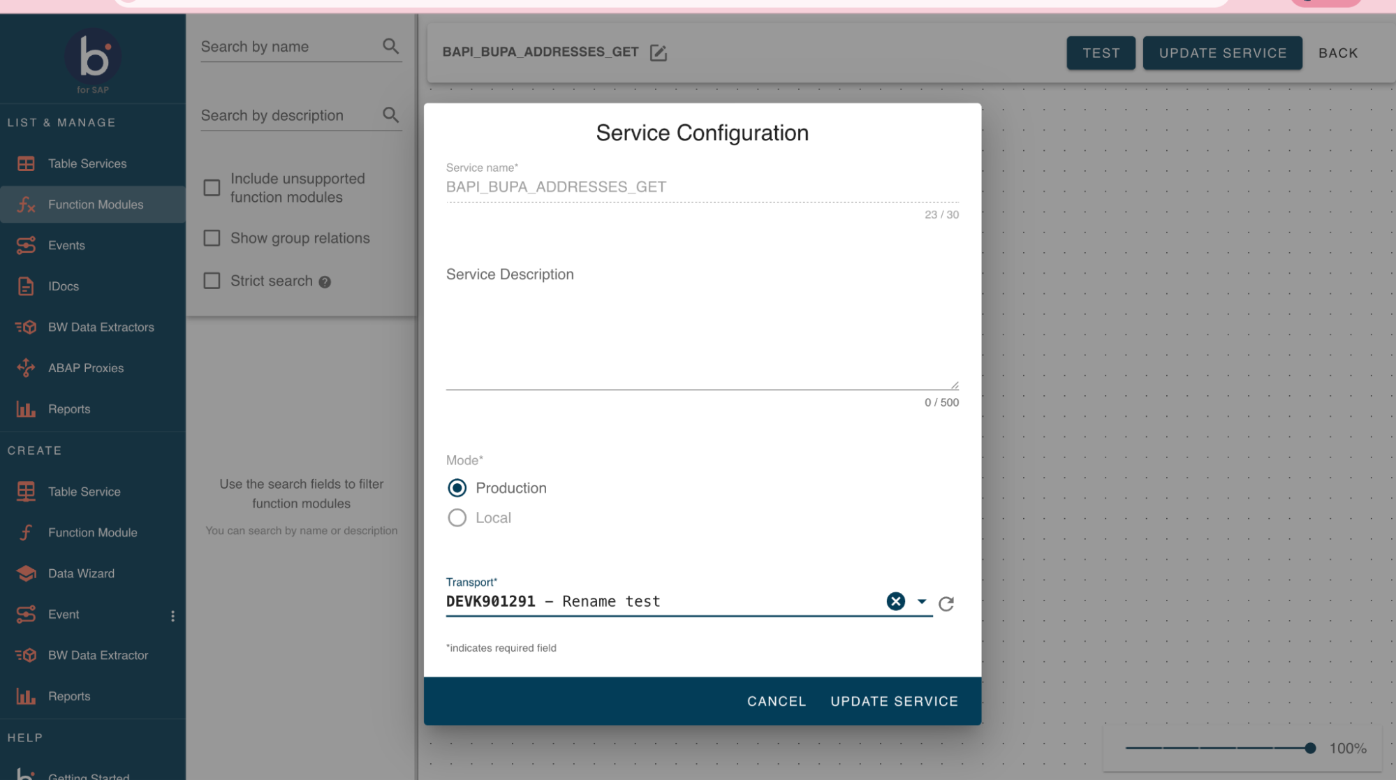 Function Module service configuration pop-up with fields